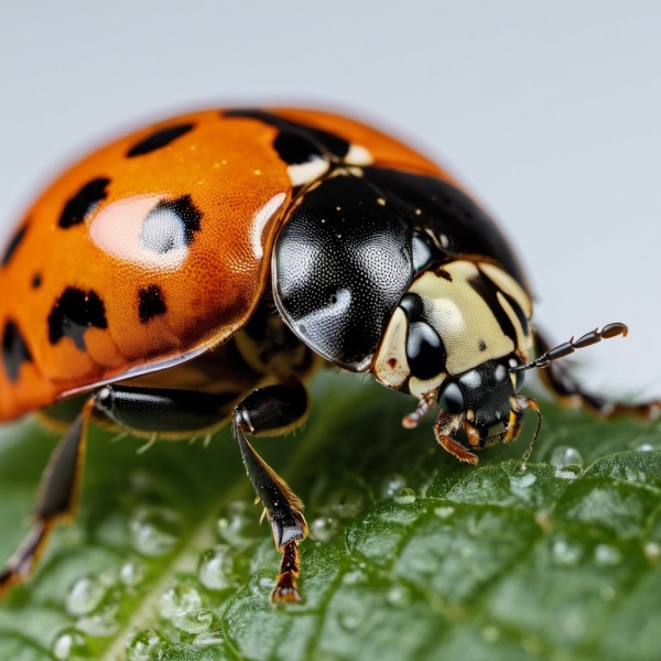 Close-up image of an Asian Lady Beetle on a green leaf, showcasing its distinctive orange and black-spotted shell. The photo highlights the intricate details of the beetle's body, including its antennae and legs, emphasizing its presence in natural surroundings. This image is used by Double G Pest Control to identify and address issues related to Asian Lady Beetle infestations.