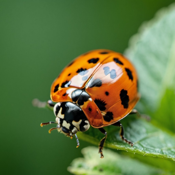 Close-up image of an Asian Lady Beetle perched on the edge of a green leaf, showcasing its bright orange shell with black spots. The photograph captures the detailed features of the beetle, including its head and legs. This image is used by Double G Pest Control to highlight and address issues related to Asian Lady Beetle infestations