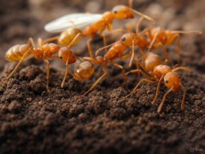 Citronella ants, also known as larger yellow ants (Lasius interjectus), are typically golden yellow to reddish-brown in color. Workers are about 3-4 mm long, while the winged swarmers (reproductive ants) can be larger, up to 8 mm, with dark, smoky wings. They have a segmented body with a distinct head, thorax, and abdomen, and their antennae are elbowed with 12 segments.