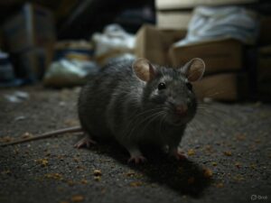 Unsettling photo of a Norway rat in a filthy basement, emphasizing pest control solutions