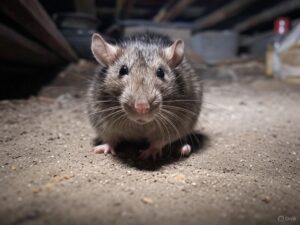 Eye-level view of a Norway rat in a grimy attic, showcasing rodent infestation risks